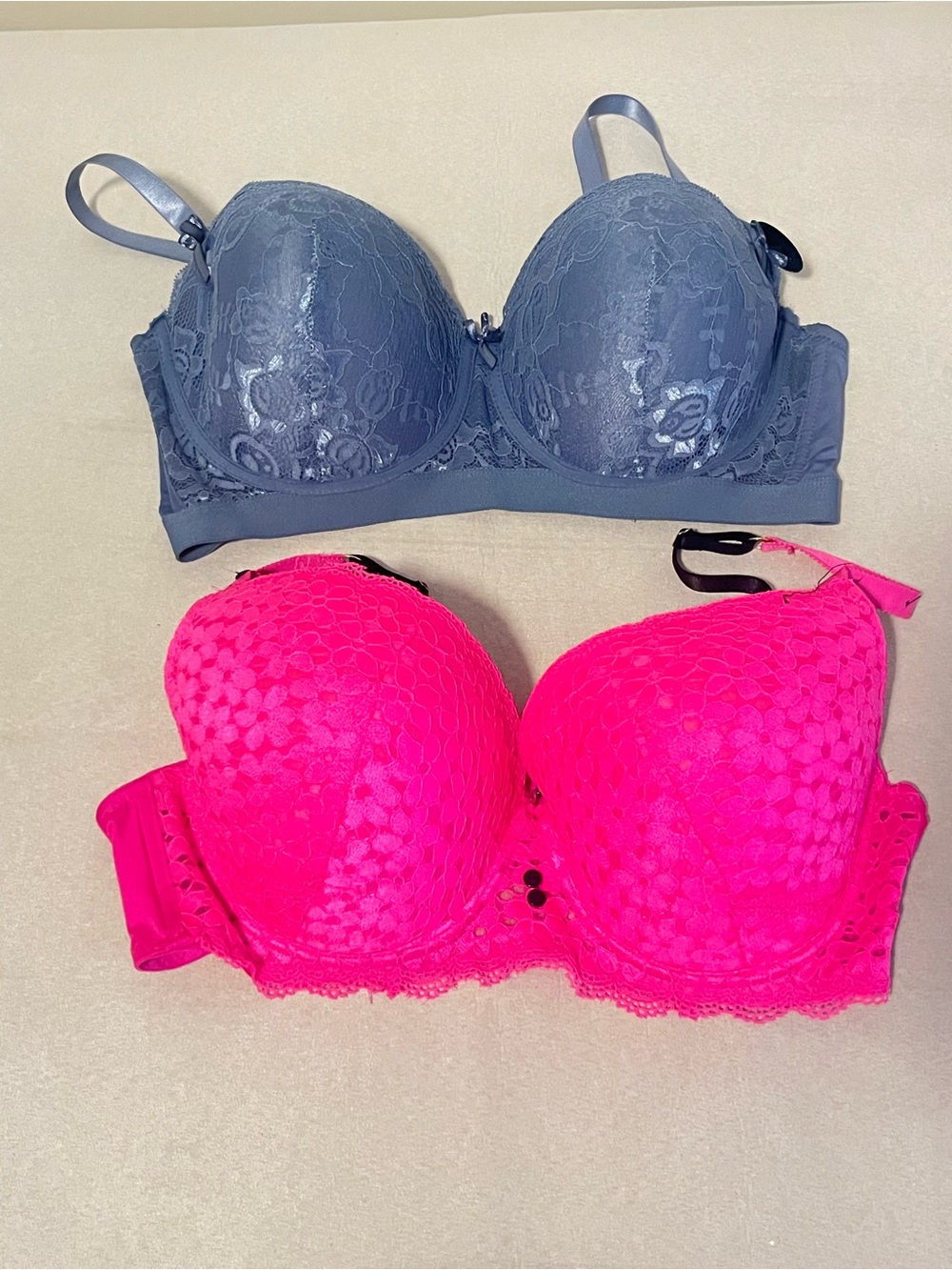 2 piece lace bra set blue & neon pink padded underwire 42C Body Frosting